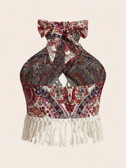 Paisley Print Fringed Edge Butterfly Knot Tie Back Hanging Neck Top Women's Bohemian Style off Shoulder Casual Fashion