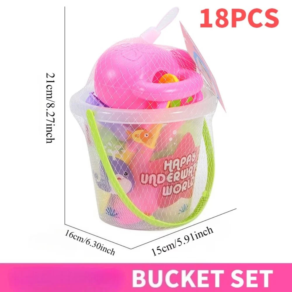 18pcs Beach Toy Set, Children Folding Bucket Summer Sand Pool Beach Game Set, Great Holiday Outdoor Play Tools For Girls Gift