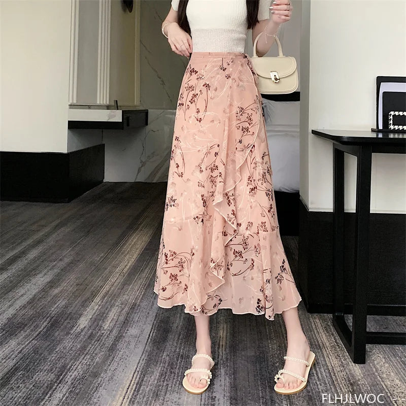 Wrap Up Chic Korea Clothes Women Cute Girls Floral Robe Holiday Beach Date High Waist Retro Vintage One-Piece Lace-Up Skirts
