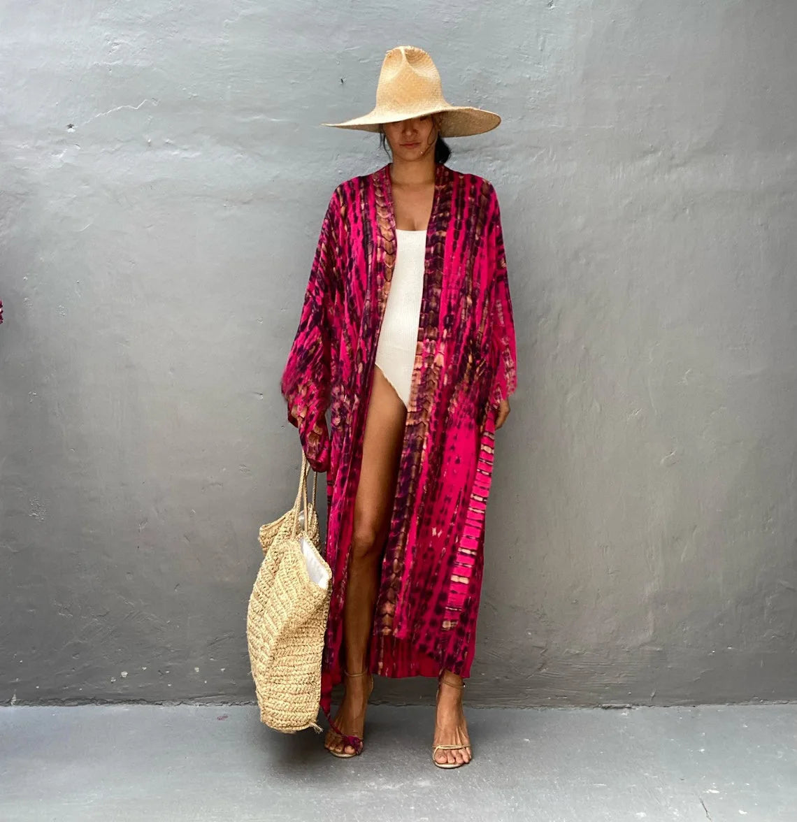 Women's Boho Stripe Tie Dye Swimsuit Cover Up with Belt Tunic Sarong Cardigan Dress Bikini Cover-ups Beach Wear Kimono