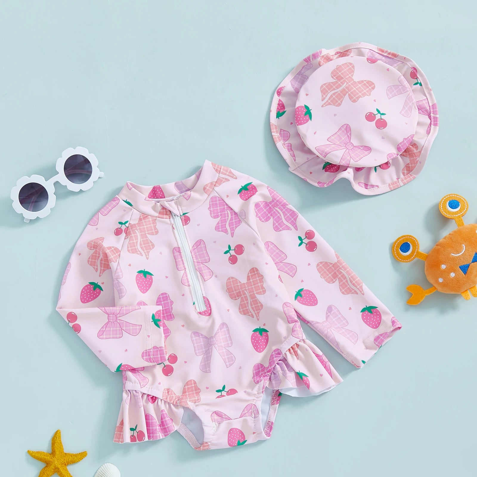 Summer Baby Girls Beacwear Princess Toddler Infant Rash Guard Swimsuits with Hat Floral Print Zip Up Children Girls Swimwears