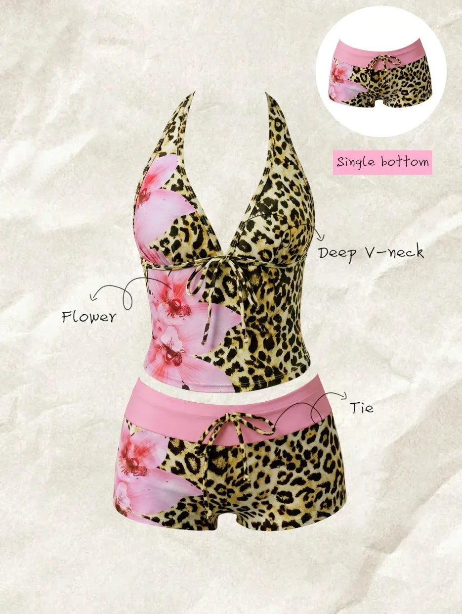 Women Swimwears Polka Dot 2-Piece Tankini Set Halter V Neck Front Tie Cami Top & Contrast Waistband Drawstring Swim Shorts