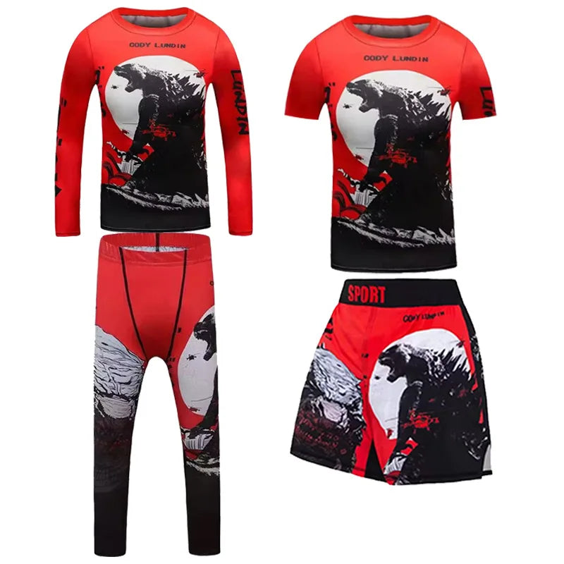 New Kids 4/pcs Sets Rashguard Jiu Jitsu MMA T-shirt+Pant For Children Muay Thai Shorts BJJ Tight Sportsuit MMA Boxing Fightwear