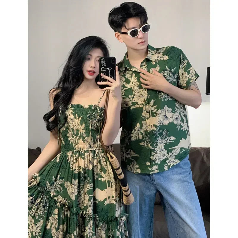 Holiday Family Matching Beach Clothes Couple Vacation Look Mom  Dress Resort Dad Son Print Shirts Outfits Daughter Smock Green