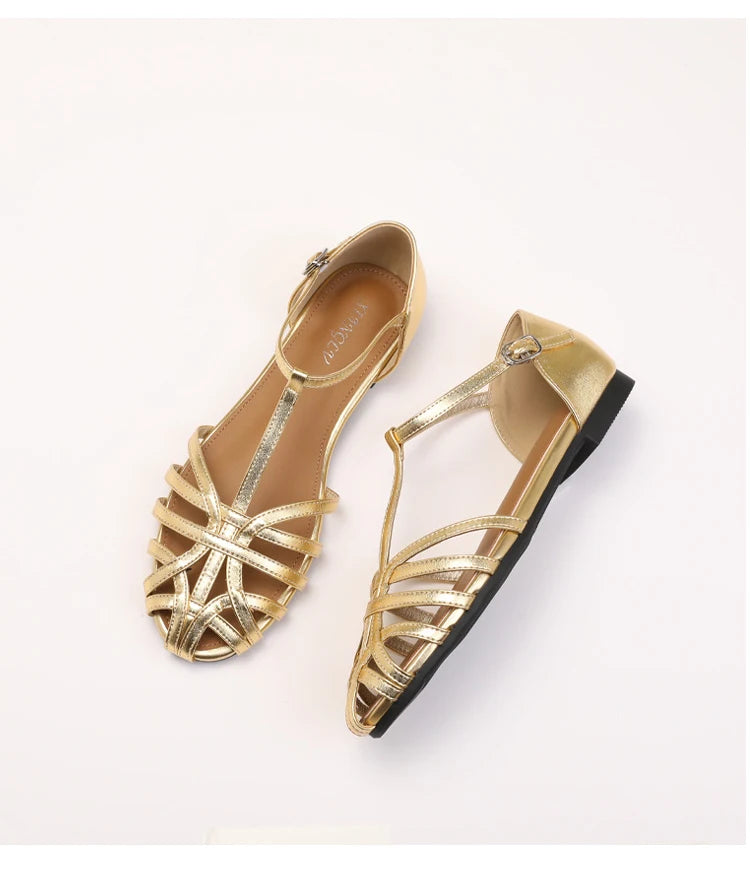 ZAROY Women's Sandals Summer Casual Footwear T-tied Cross Strap Flat Sandals Weave Hollow Roman Sandalia Zapatos сандали