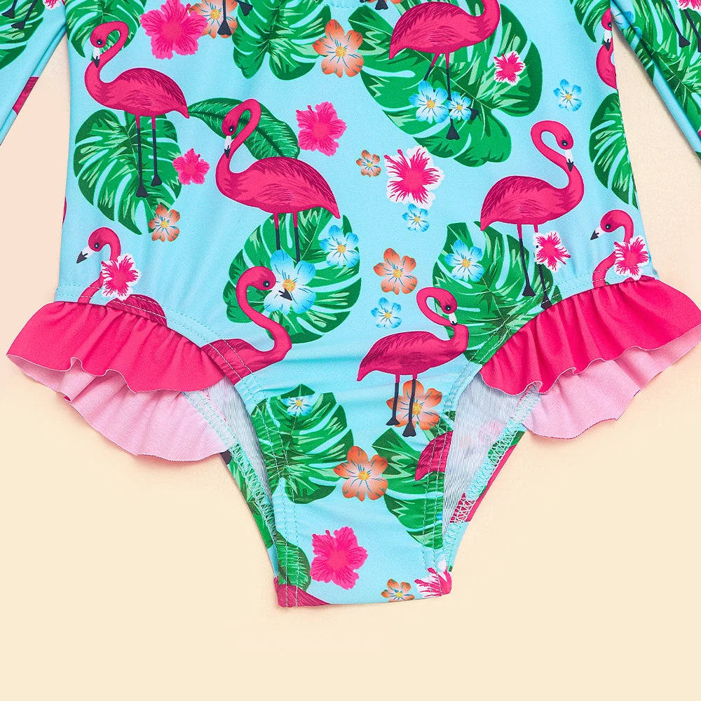 Girls One Piece Swimsuits Long Sleeve Rash Guard Beachwear Flamingo Swimwear Kids Hawaiian Bathing Suit Ruffle Swim Shirts