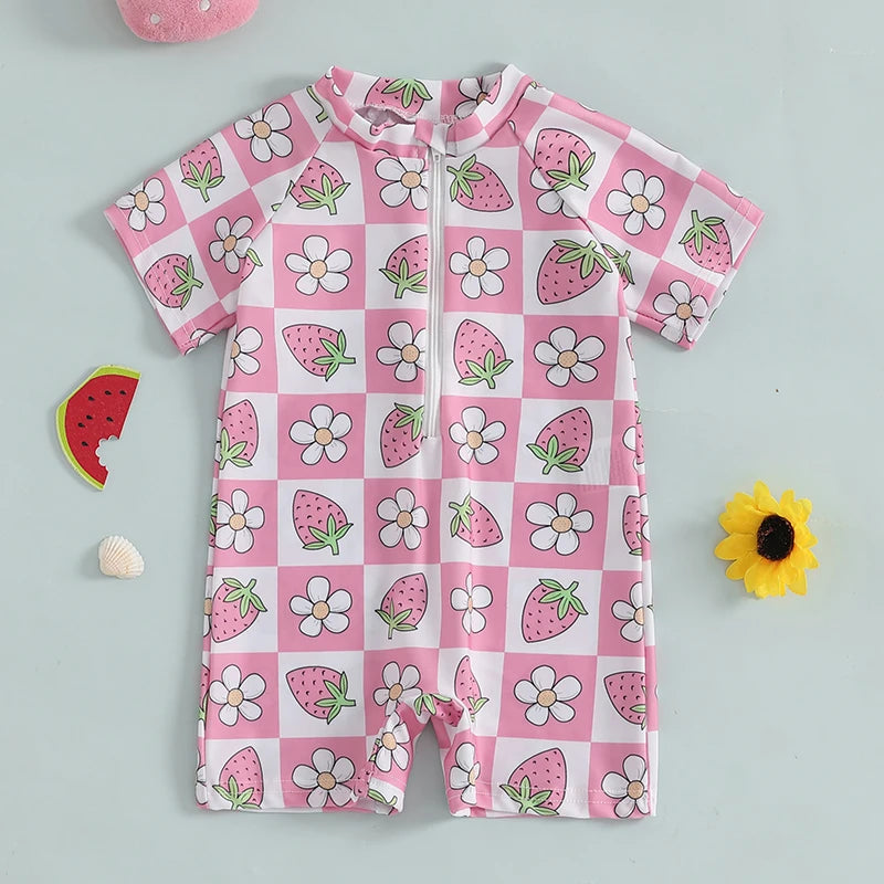0-3Years Baby Boy Girl Rash Guard Swimsuits Fashion Print Short Sleeve Zip Up Rompers Bathing Suit Toddlers Swimwears Beachwear