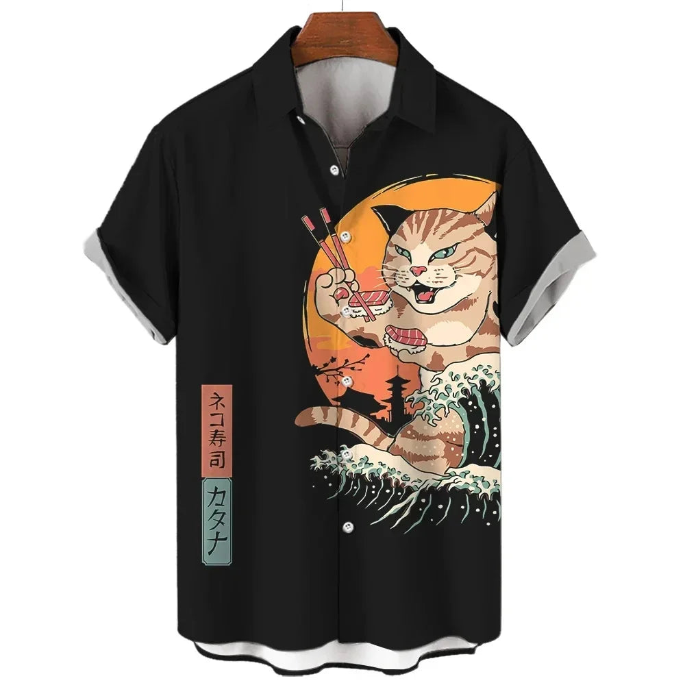Fashion Men's Clothing Cool Samurai Cat Tops Summer New Men's Clothing Casual Short-Sleeved Anime Loose Blouse Hawaiian Shirts