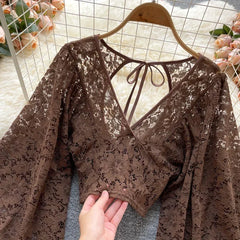 Frenchic Sexy Blusas Mujer Crochet Lace Sheer Women Tops V-neck Lantern Sleeve Backless Lace-up Ladies Elegant Blouse