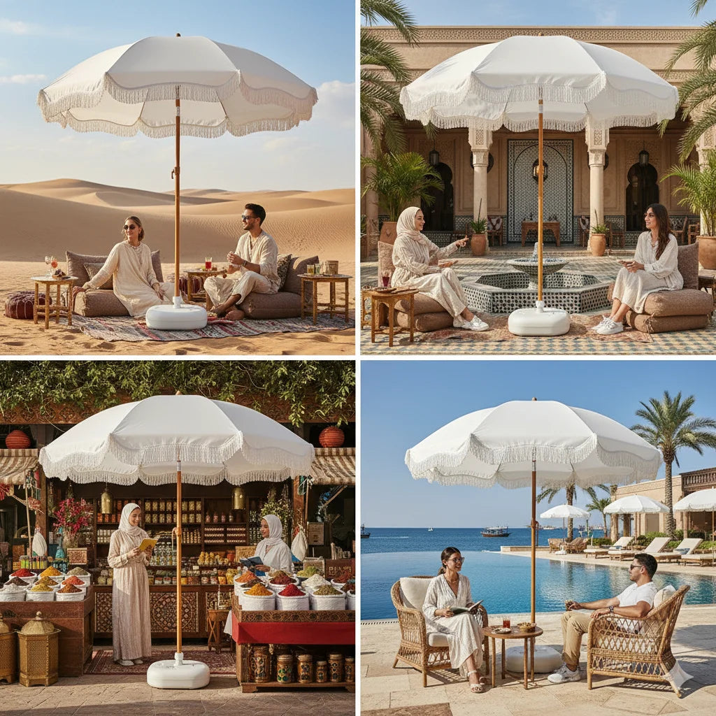 Portable White Umbrella with Tassel Design Reversible Outdoor Sunshade for Courtyard Beach Vacation without Base