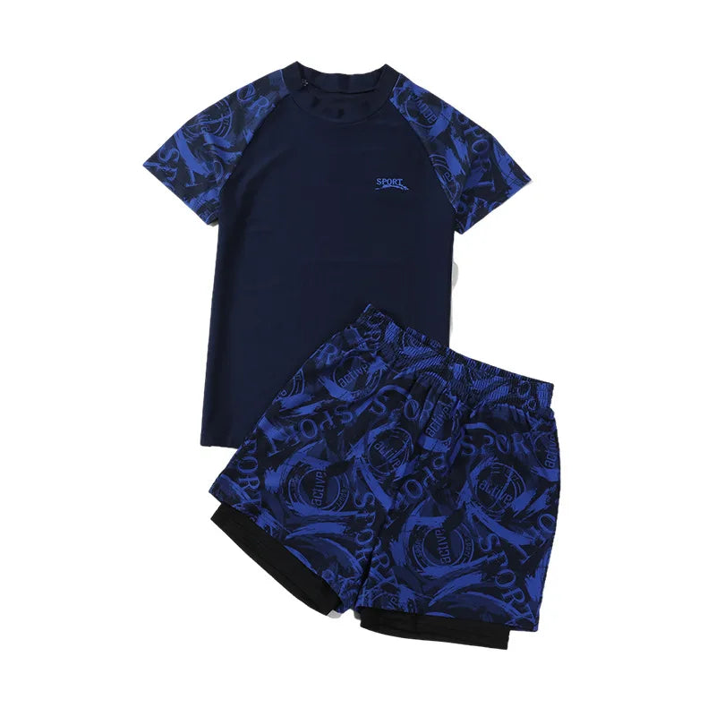 Children's Swimwear with Cap, Split Body, Short Sleeve, Two Piece Swimsuit for Men, Teenagers, Boys, New, Hot Spring Set, 2024