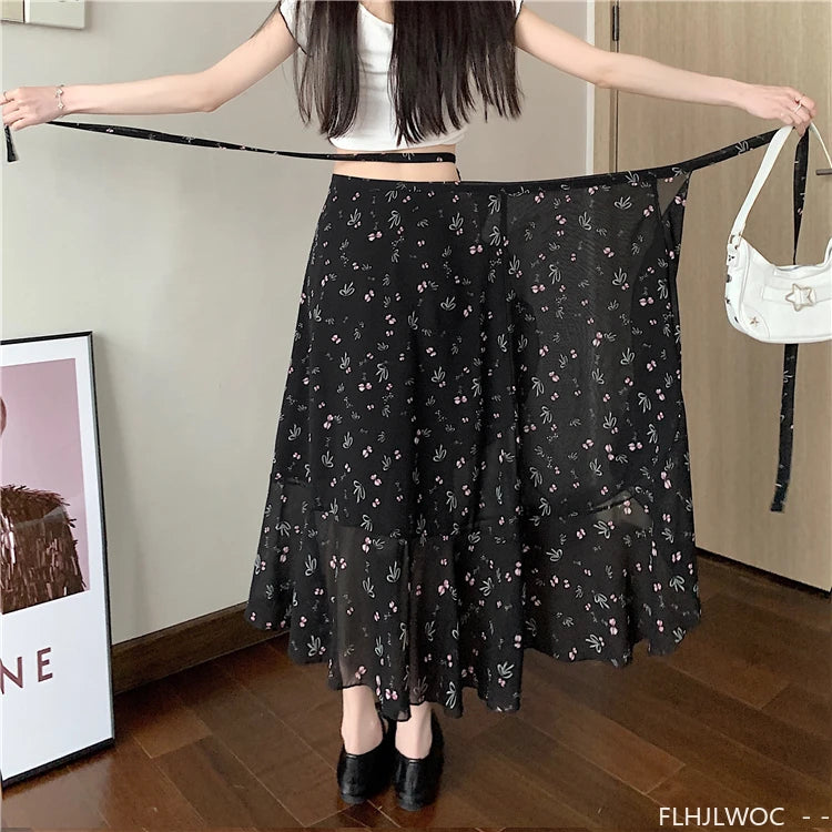 Wrap Up Chic Korea Clothes Women Cute Girls Floral Robe Holiday Beach Date High Waist Retro Vintage One-Piece Lace-Up Skirts