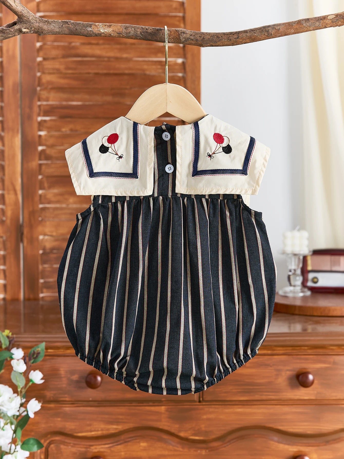 Summer Baby Girl's Large Lapel Sleeveless Triangular Jumpsuit with Striped Body and Navy Collar