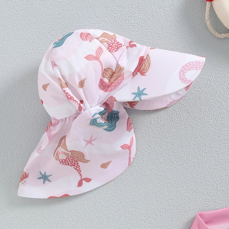 VISgogo Baby Girls Bathing Suit Sea Shell Print Long Sleeve Rash Guard Swimsuit Wide Brim Sun Hat Infant Toddler Beachwear