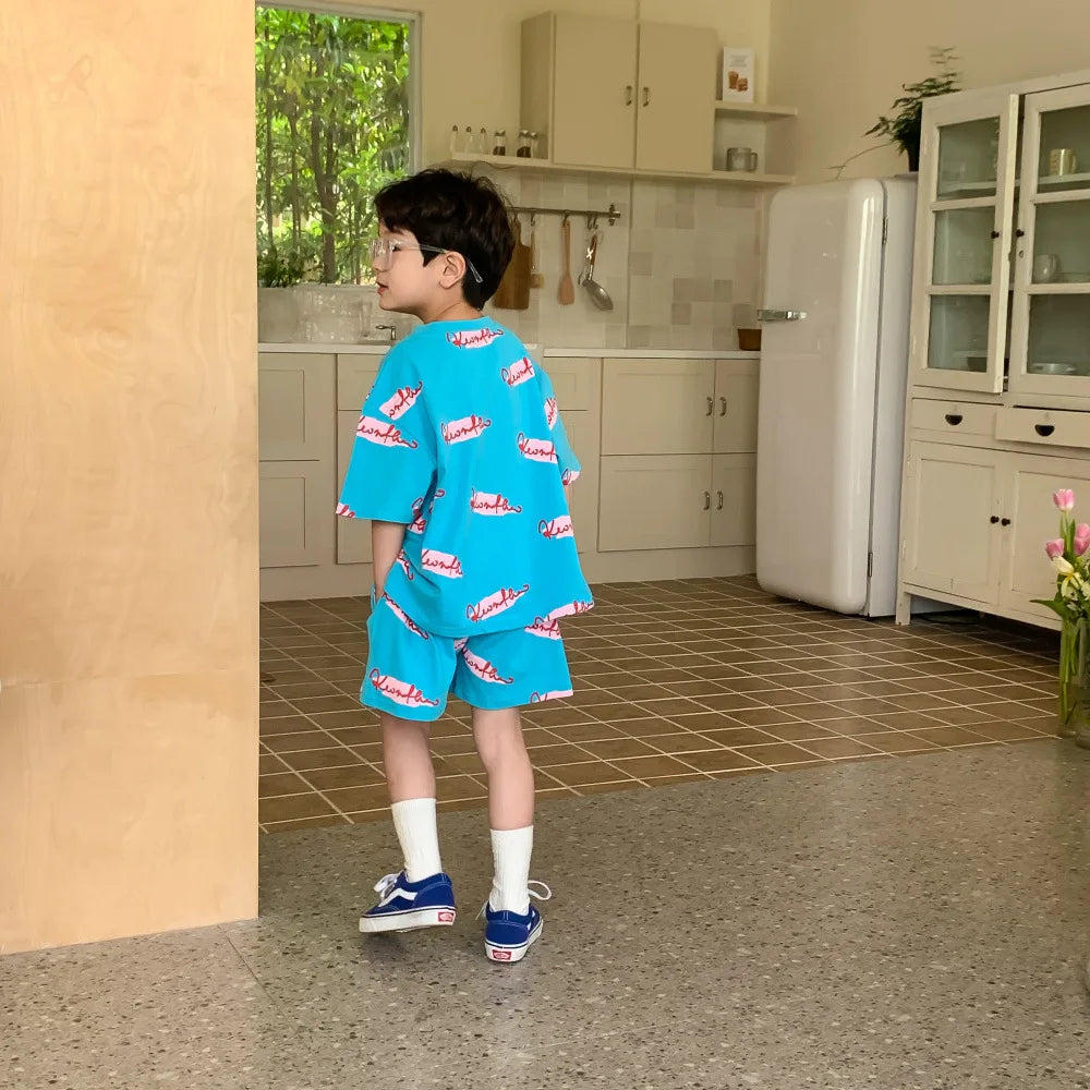 9000 Brother and Sister Clothes Summer New Korean Alphabet Graffiti Girl's Long T-shirt Dress Or Boy's Two Piece Suit