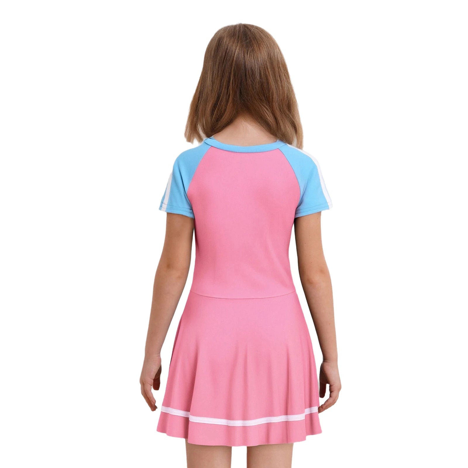 Fashion Girls One Piece Swim Dress Short Sleeve Color Block Swimsuit with Chest Pads Front Zipper And Safety Shorts Beachwear