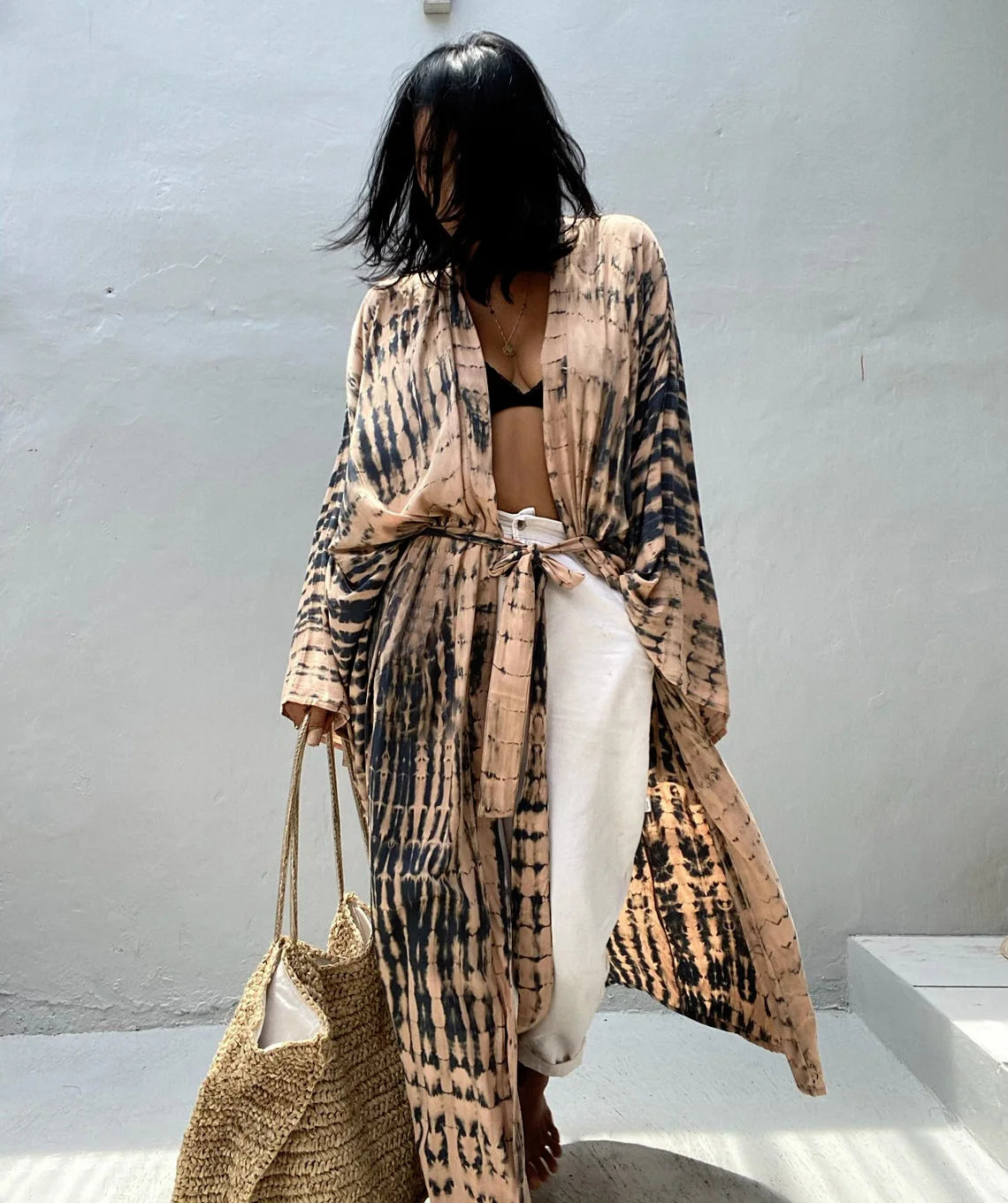 Women's Boho Stripe Tie Dye Swimsuit Cover Up with Belt Tunic Sarong Cardigan Dress Bikini Cover-ups Beach Wear Kimono