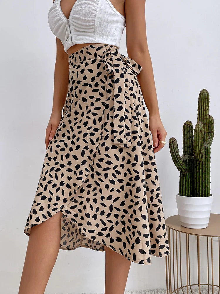 Benuynffy Boho Women Casual Print Tie Side Wrap Skirt Elegant High Waist Female Summer Asymmetrical Knee Length A-Line Skirts