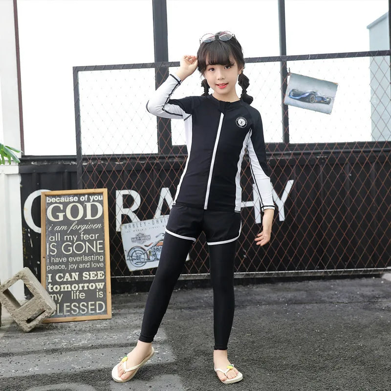 Boys Girls Swimsuit Long Sleeve Sun Protection Swimming Bathing Surfing Wetsuit Beach Wear Teenager Rash Guard