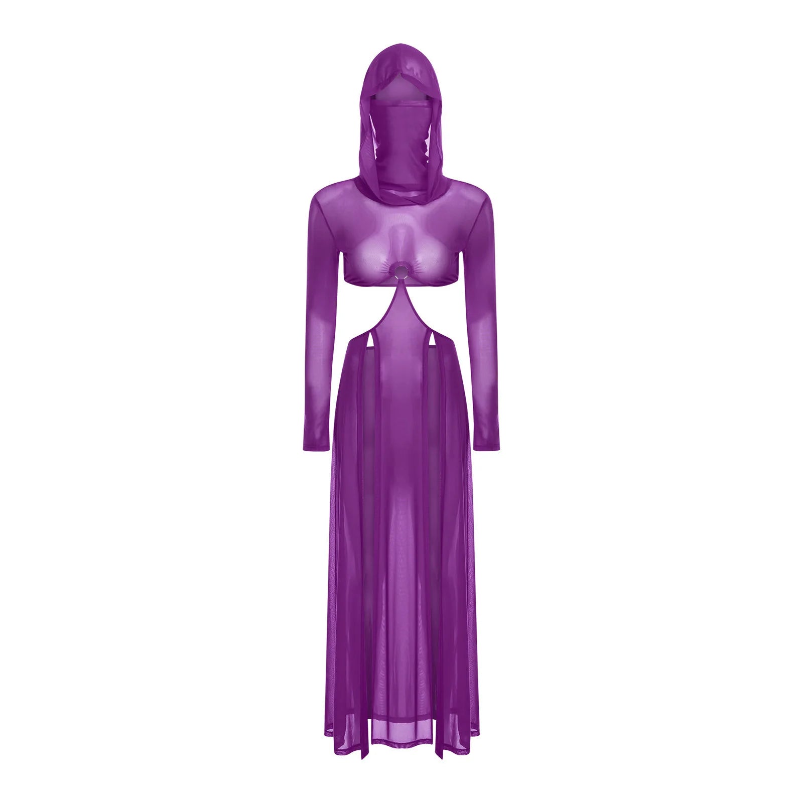 Women Sheer Dress with Hooded Face Mask Maxi High Slit Sexy Mesh Dress Long Sleeves Hollow Out Sheer Dress Cover Up Swimwear