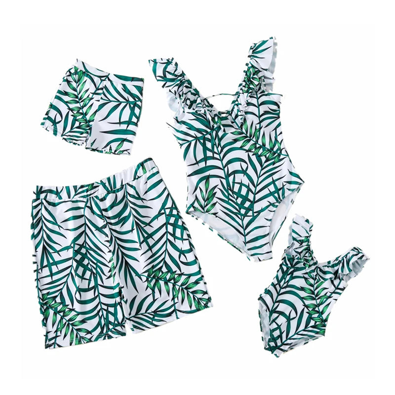 New Family Matching Outfits Leaf Printed Matching Swimsuit Family Look Floral Full Print Multi-color One-piece Matching Swimwear