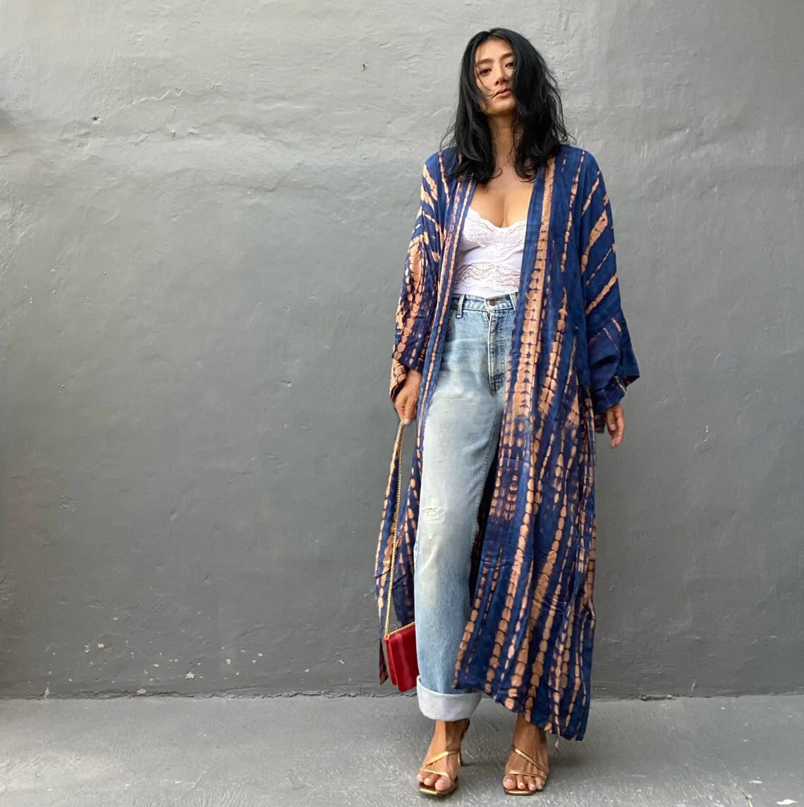 Women's Boho Stripe Tie Dye Swimsuit Cover Up with Belt Tunic Sarong Cardigan Dress Bikini Cover-ups Beach Wear Kimono