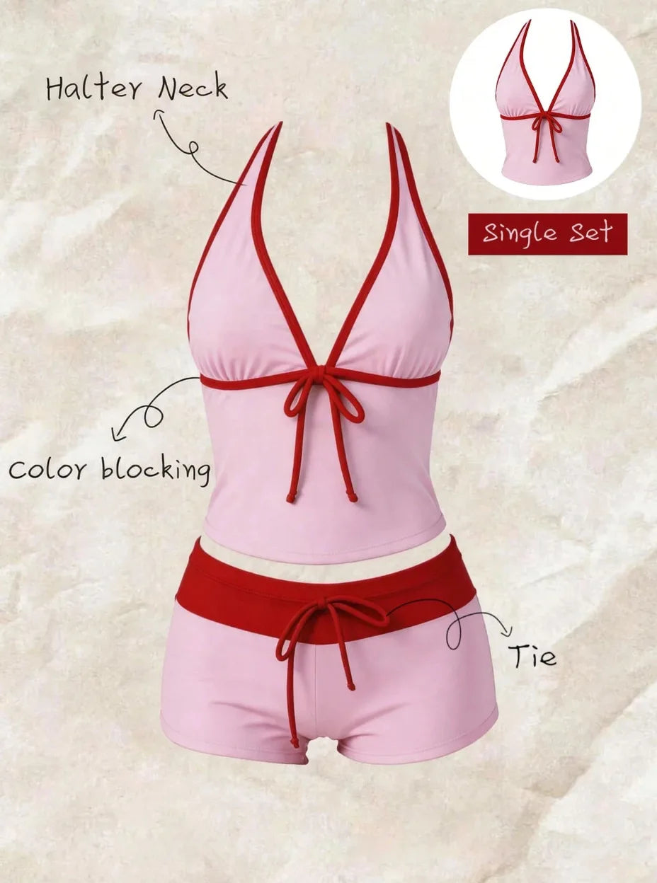 Women Swimwears Polka Dot 2-Piece Tankini Set Halter V Neck Front Tie Cami Top & Contrast Waistband Drawstring Swim Shorts