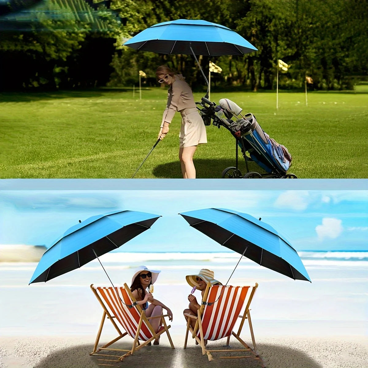 Double-layer UV Beach Umbrella – 360° Rotation, Strong Iron Frame, Universal Fixture for Chair, Portable for Camping & Pool