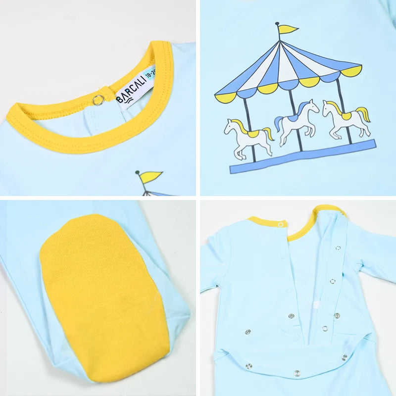 Summer Family Matching Set Long Sleeve Pajamas Brother and Sister Matching Pink and Blue Carousel Soft Print Sibling Clothes