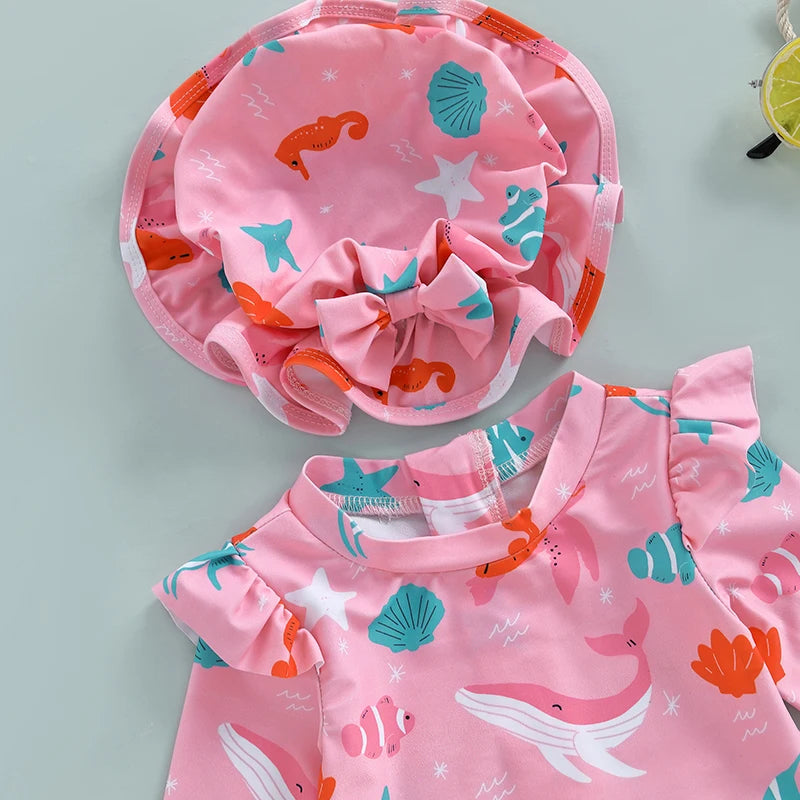 Children Baby Girl Rash Guard Long Sleeve Swimwear with Sun Hat Bathing Suit Infant Swimsuit Newborn 2 Piece Beachwear
