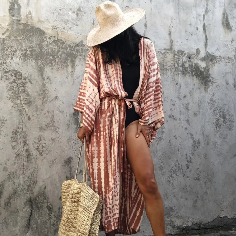 Women's Boho Stripe Tie Dye Swimsuit Cover Up with Belt Tunic Sarong Cardigan Dress Bikini Cover-ups Beach Wear Kimono