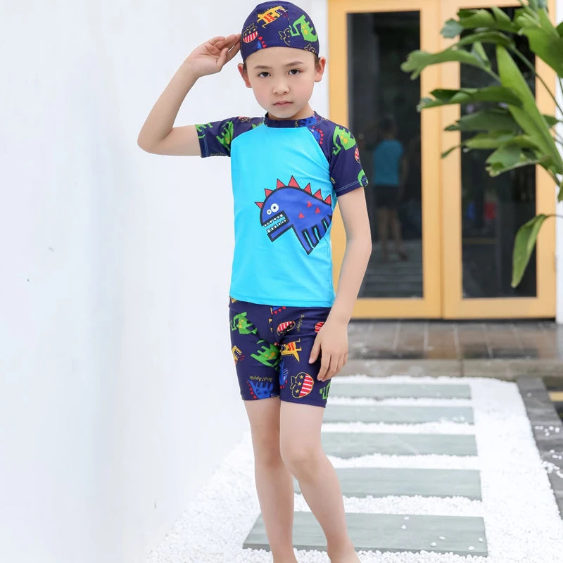 Kids Boy Swimsuit Summer Children Board Shorts Sets Boys Split Short Sleeve Quick Drying Boys Swimwear Beach Surfing Swimsuits