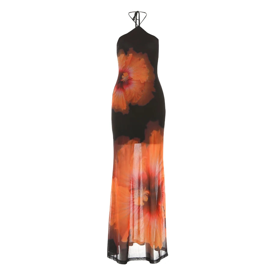 Weird Puss Beach Vacation Dress Women See Through Flower Print Halter Backless Bandage Sleeveless Party Club Stretch  Bodycon