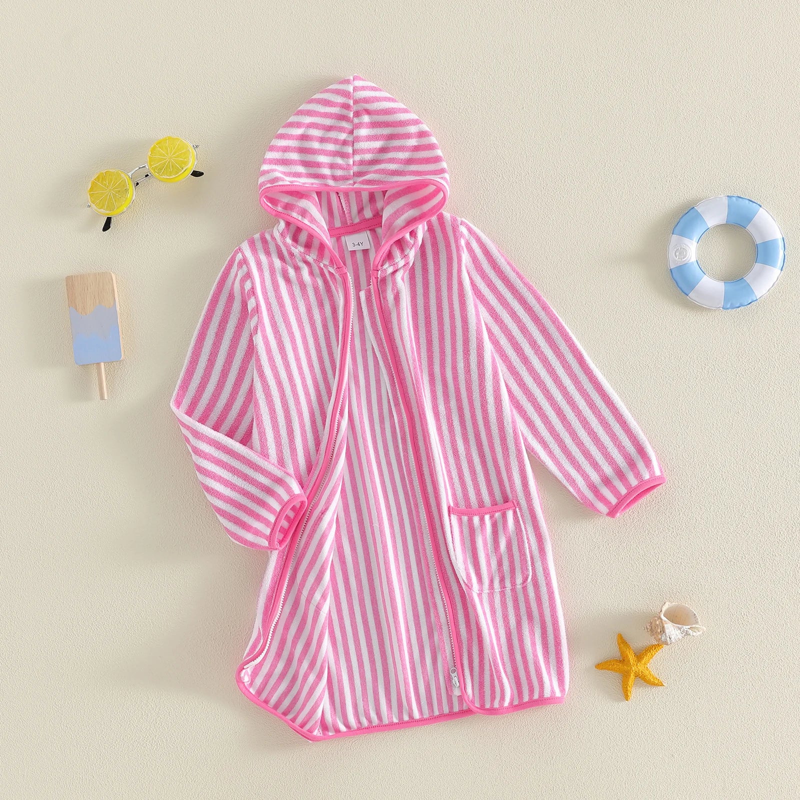 1-6Y Kids Bath Robes Towel Long Sleeve Front Zipper Striped Surf Poncho Swimming Outerwear for Boys Girls Beach Cover-ups