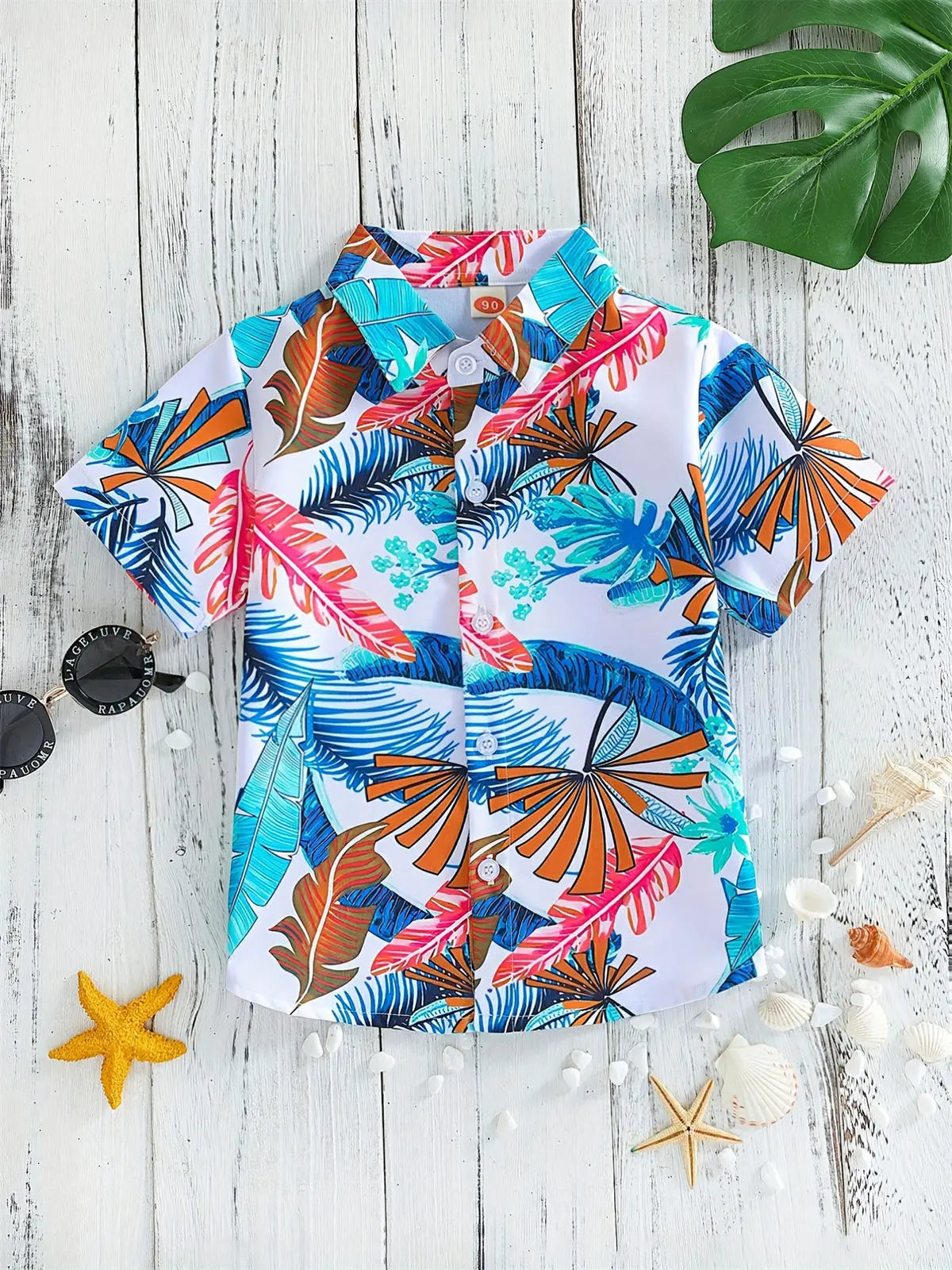 Boys Flowers and Leaves Print Short Sleeves Shirt Hawaiian Style for Vacation Beach Kids Summer Clothes O-Neck Children's Shirt