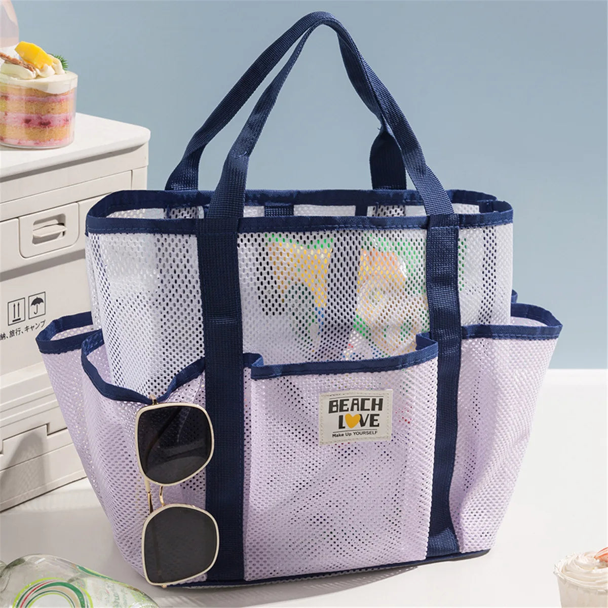 Mesh Gym Beach Tote Bag Large Capacity Portable Handheld Travel Bag Swimming Swimsuit Storage Pouch for Outdoor Vacation