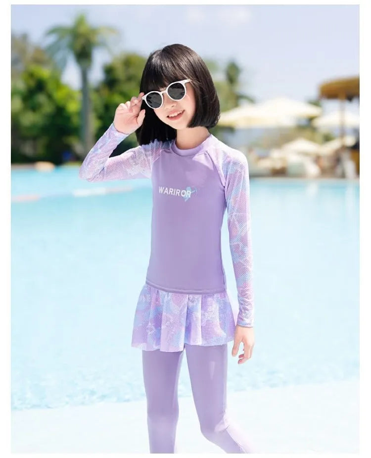 New Girls Fashion Swimsuit Sets Kids Long Sleeve Letter Top + Pants + Skirt 3Pcs for Kids 5-12 Years Split Swimming Clothes