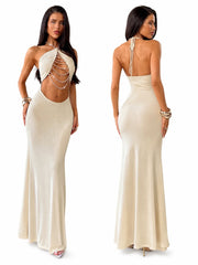 Halter Neck Cutout Bodycon Maxi Dress for Women, Pearl Chain Decor Sleeveless Backless Mermaid Dress Clubwear Cocktail Party Outfit