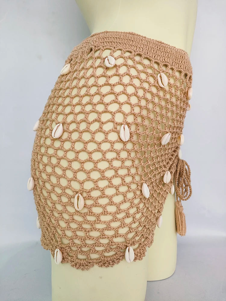 Women Beach Wear Swimsuit Cover-Ups Boho Summer See-Through Hollow Out Bandage High Waist Short Beach Skirt Crochet Knit Skirts