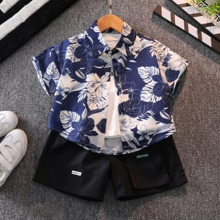 Retro Floral Print Boy's Short Sleeve Shirt Kids Summer Clothing Trendy Stylish Beach Vacation Top for Children Ages 3-10