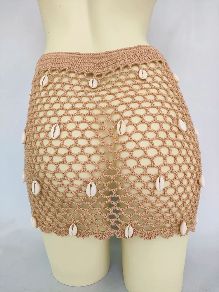 Women Beach Wear Swimsuit Cover-Ups Boho Summer See-Through Hollow Out Bandage High Waist Short Beach Skirt Crochet Knit Skirts