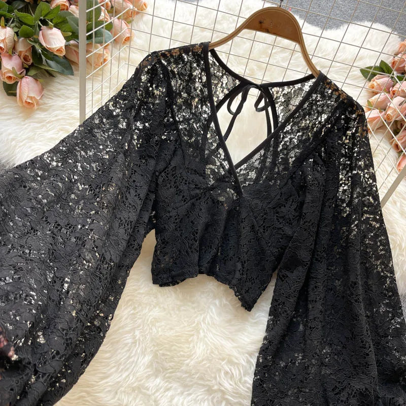 Frenchic Sexy Blusas Mujer Crochet Lace Sheer Women Tops V-neck Lantern Sleeve Backless Lace-up Ladies Elegant Blouse