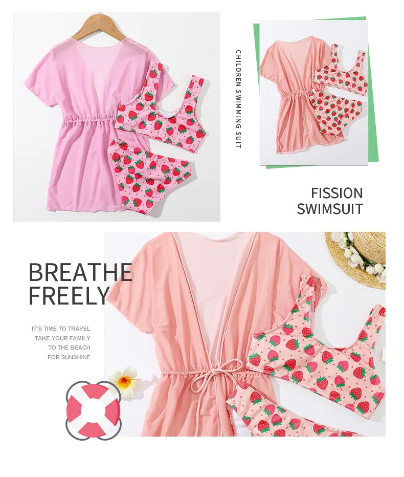 Girls Swimsuit 3 Pieces Swimwear for Kids Summer 2026 Children Bathsuits Beach Cover-Ups Bikini Sets Teenager Clothing