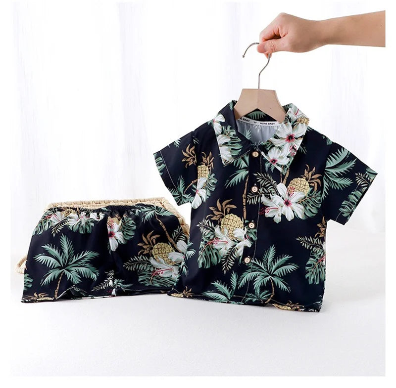 Summer Children Beach Shirt Set Boys Girls Baby Loose Printed Shirts Fashion Vacation Style Kid Short Sleeve+short Pants Outfits
