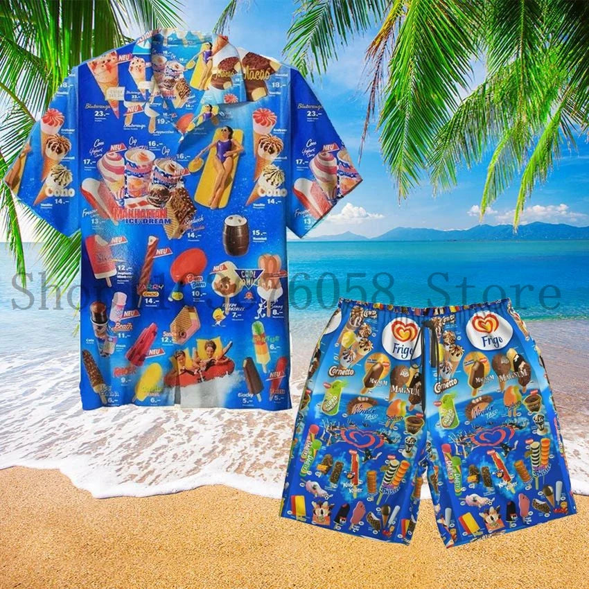 Trendy Cool Fashion Ice Cream Shirts Set Men 3D Print Shirt+Shorts Fashion Two Piece Sets Hawaii Beach Shirt Unisex Clothing