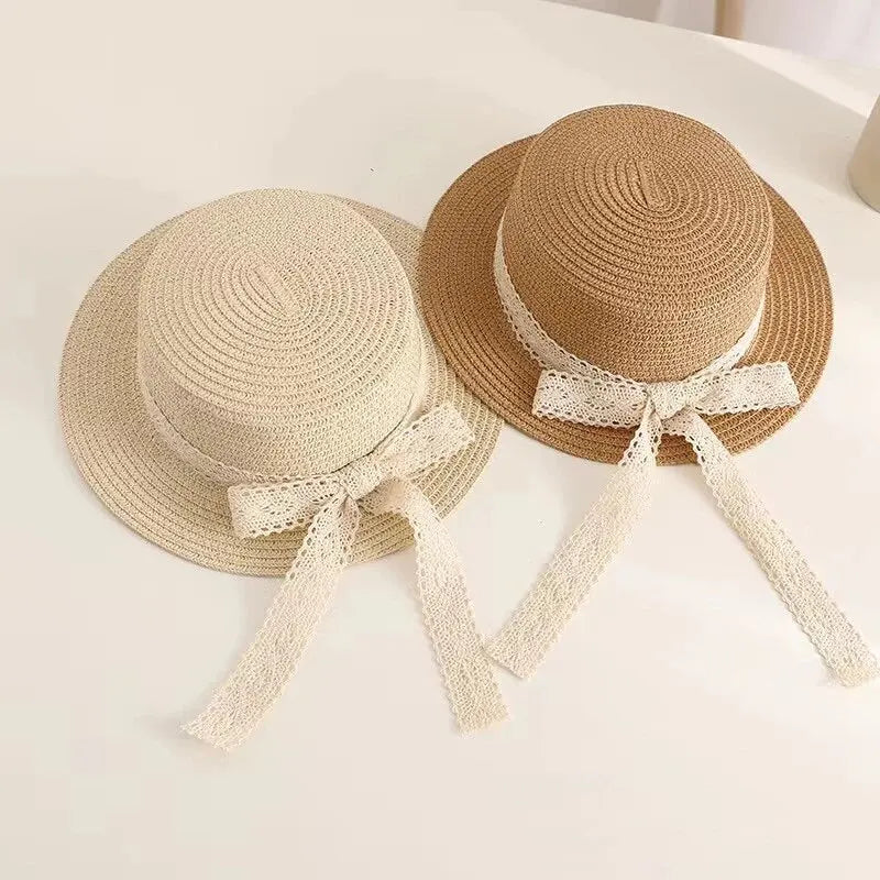 Cute Bow Streamer Girls Straw Hat Spring Summer Breathable Sunshade Kids Sun Hat Outdoor Travel UV Protection Children Panama Ca