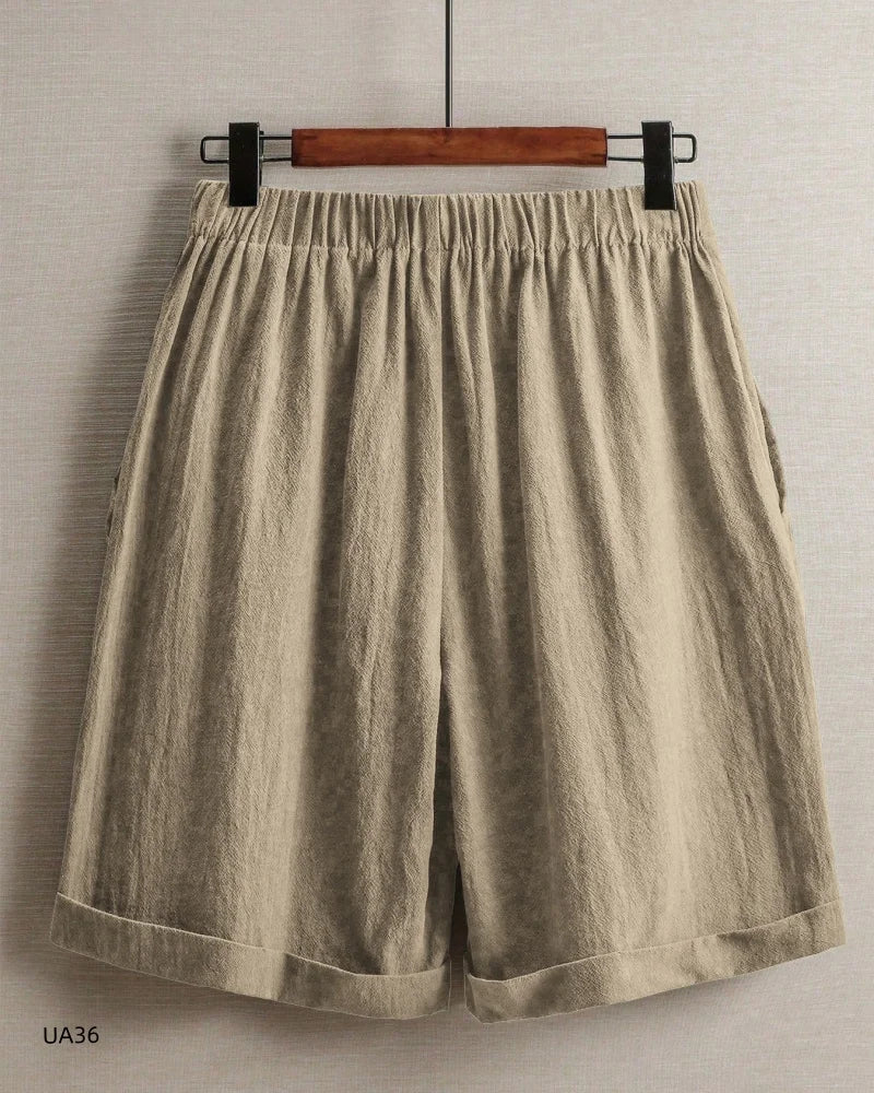2026 summer new cotton and linen five-piece pants women's high-waisted elastic waist button shorts loose casual shorts