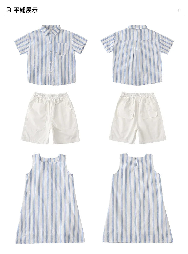 Korea Style Family Matching Outfit Striped Print Short Sleeve T-shirt+Shorts Tank Dress Parent-child Clothing Beach Holiday Look