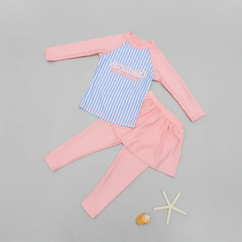 Printing Long Sleeved Girls Swimwear Sun Protection Swimming Suit  Long Pants Skirt Style Quick Drying Bathing Suit 3-11Y
