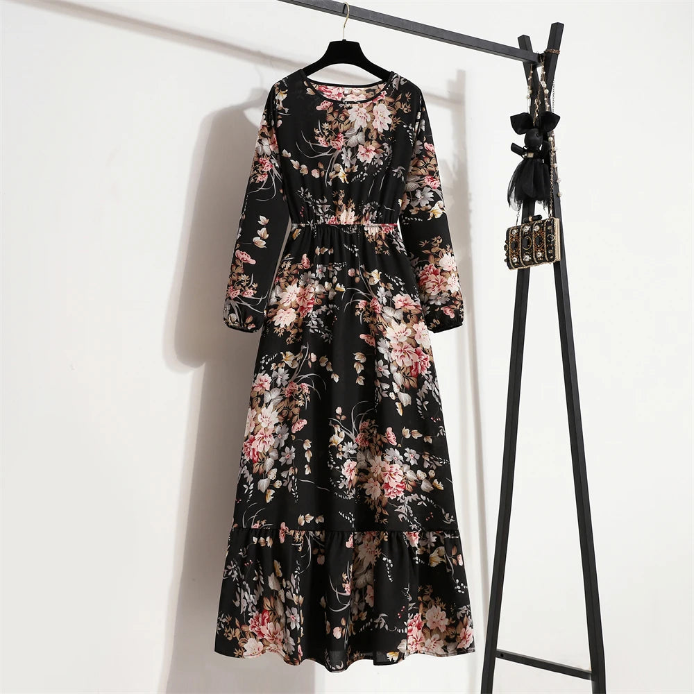 Spring Summer Women Maxi Dresses Casual Full Sleeve Floral Printed O-neck Woman Bohe Beach Party Long Dress Mujer Vestidos